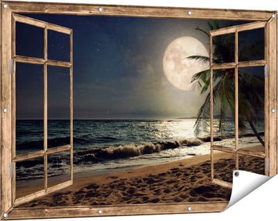 Gards Tuinposter Doorkijk Tropisch Strand in de Nacht met Volle Maan - 120x80 cm - Tuindoek - Tuindecoratie - Wanddecoratie buiten - Tuinschilderij