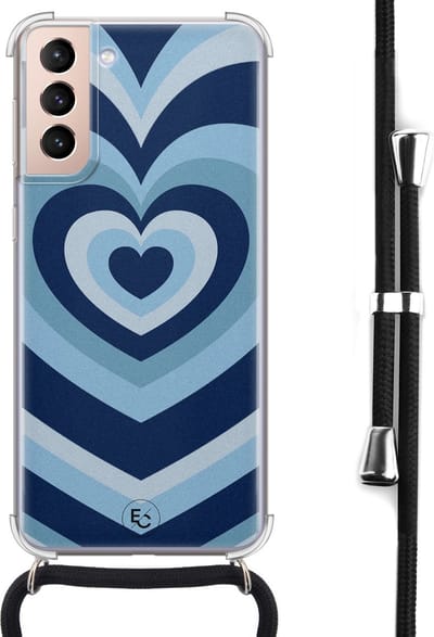 Hoesje met koord geschikt voor Samsung Galaxy S21 - Hart blauw - Inclusief koord - Crossbody beschermhoes - Transparant, Blauw - ELLECHIQ
