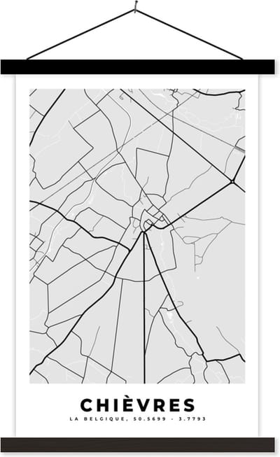 Posterhanger incl. Poster 40x60 cm - Schoolplaat - Stadskaart – Zwart Wit - Kaart – Chièvres – België – Plattegrond - Textielposter - Zwarte latten - Stadskaart