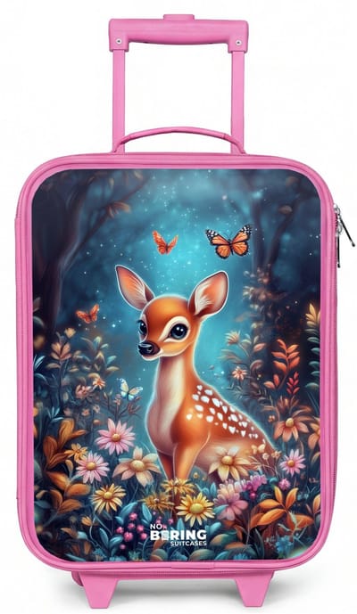NoBoringSuitcases.com® - Kinderkoffer roze - Kindertrolley meisje - Hertje tussen bloemen in betoverend bos - Koffer kind lichtgewicht - Reiskoffer trolley voor kinderen - Koffertje met lichtgevende wieltjes - Rolkoffer