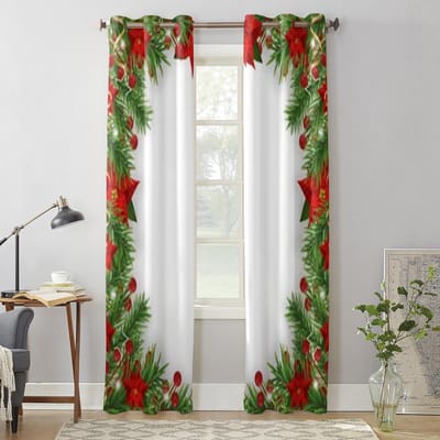 Kerst Poinsettia Sparboom Raamgordijnen Voor Woonkamer Slaapkamer Luxe Modern Keukengordijnen Stoffen Draperieën 135W x 60H(cm) x1