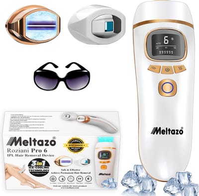 MELTAZO Roziani Pro 6 IPL Ontharingsapparaat, 3-in-1 Pijnloze Laser Ontharing voor Lichaam & Gezicht - 1 Miljoen Flitsen, Koelfunctie & Huidsensor Haarlaser - Thuis Laser Hair Removal Device - Inclusief Zonnebril, Neustrimmer & Scheermes - 2026 Model