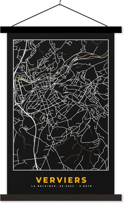 Posterhanger incl. Poster 40x60 cm - Schoolplaat - Kaart - Verviers - Stadskaart - Plattegrond - Goud - Textielposter - Zwarte latten - Stadskaart