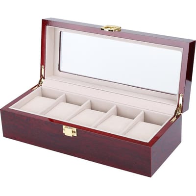 Boîte de rangement en bois à 5 compartiments pour montres, avec fenêtre transparente et antidérapante white