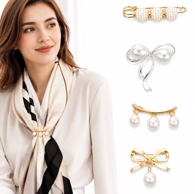 Broche Set 4 Stuks met Parels – Elegante Dames Broches Goudkleurig en Zilverkleurig – Strik Broche, Veiligheidsspeld Broche en Pareldecoratie – Kleding Accessoires voor Blazer, Vest, Jurk en Blouse