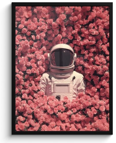 Poster in lijst - Fotolijst 60x80 cm - Posters - Bloemen - Roze - Astronaut - Posterlijst zwart - Decoratie - Wanddecoratie woonkamer - Muurdecoratie slaapkamer