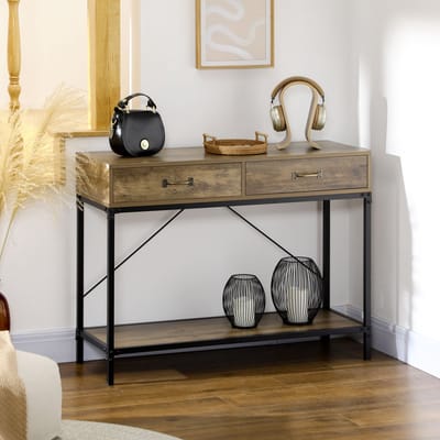 REDOM Industrieel console tafel met 2 lades en onderplank, bruin houtnerf & zwart metalen frame, 100×35×76,5 cm, 30 kg