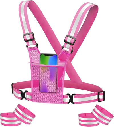 Verstelbare Reflecterende Veiligheidsset met Vesten en 4 Elastische Armbanden voor Fietsen, Hardlopen en Wandelen (Roze-Rood)