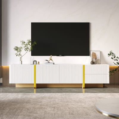 Modern tv-meubel 190 cm, tv-dressoir in wit met goudaccenten en houtnerf, 3-deurs kast met 2 lades