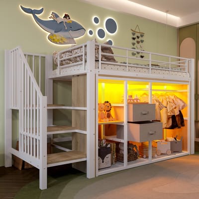 MEUNIQ Halfhoogslaper 90 x 200 cm met 2 lades, open kledinggedeelte, meerdere opbergvakken en meerkleurige LED-verlichting, metalen bedframe voor kinderkamer, wit