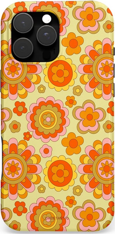 Casetastic Hoesje Geschikt voor Apple iPhone 16 Pro Max Magsafe - Stijlvolle Beschermende Duo-layer Case - Retro Oranje Bloemen