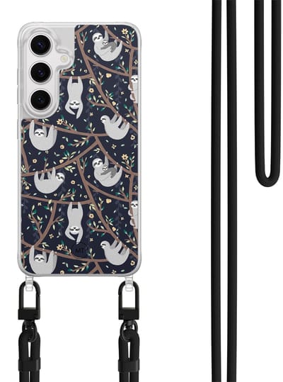 Hoesje met koord geschikt voor Samsung Galaxy S24 - Luiaard print - Inclusief Zwart koord - Crossbody beschermhoes - Transparant, Beige - Mooie Telefoonhoesjes