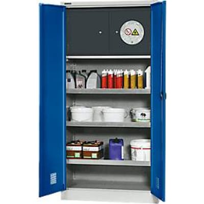 Schäfer Shop Select kast voor gevaarlijke stoffen, B 950 x D 500 x H 1935 mm, 3 laden, veiligheidscompartiment type 30, lichtgrijs/ gentiaanblauw