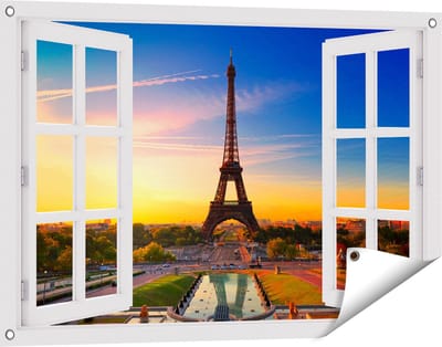 Gards Tuinposter Doorkijk Parijs Eiffeltoren tijdens de Zonsopkomst - 90x60 cm - Tuindoek - Tuindecoratie - Wanddecoratie buiten - Tuinschilderij