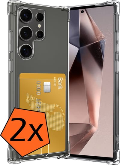 Hoes - 2 Stuks - Geschikt voor Samsung Galaxy S24 Ultra - Met Pashouder en Kaarthouder - Telefoon Hoesje Shockproof - Siliconen Case - Back Cover - Shock Proof - Pasjes Houder - Transparant