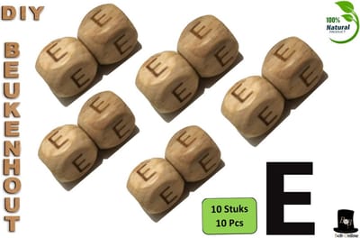 Bob Online ™ - Setje van 10 Stuks - ‘E’ Vierkant Beukenhout Kralen 12mm met ca. 3.5mm Gaatje – Houten Letter Kubus Kralen – DIY Houten Alfabet Kralen Laser Gegraveerd – 12mm Beech Wood ‘E’ Lazer Engraved Letter Beads – Doe-het-zelf Alfabet Kralen