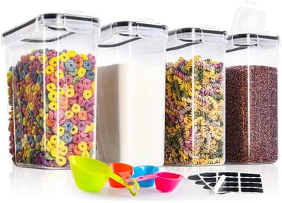TOVBMUP 4L voorraadpotten - Luchtdichte plastic bakjes met deksel - Keuken opbergdozen - Geschikt voor het bewaren van pasta, granen, rijst, bloem en dierenvoer - Herbruikbaar - Set van 4
