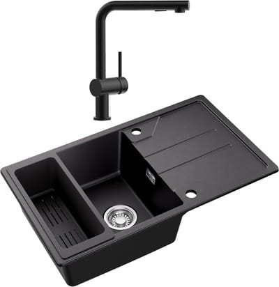 CECIPA max Spoelbak Keuken 78*45cm - Enkele Spoelbakken Graniet Met L-uitloop Keukenkraan - Multifunctionele Spoelbak Met Planchet en Afvoermand - Met waterafvoersysteem - Voor 60 cm kast - Zwart