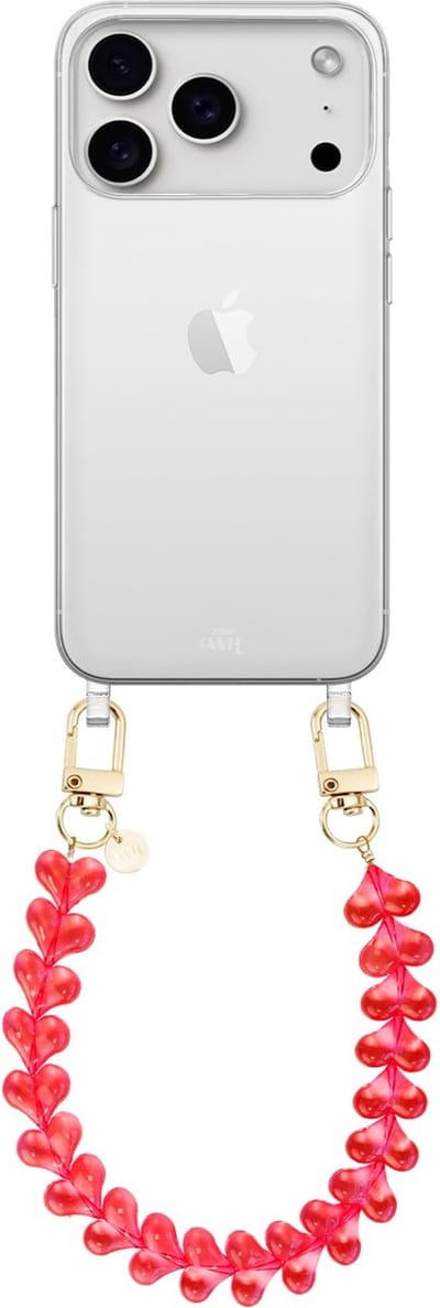 xoxo Wildhearts siliconen hoesje - Geschikt voor iPhone 17 Pro Max hoesje - Funky Hearts - Telefoonhoesje - Hoesje met koord - Transparant rood koord - kort telefoonkoord - Hartjes ketting - Transparant hoesje