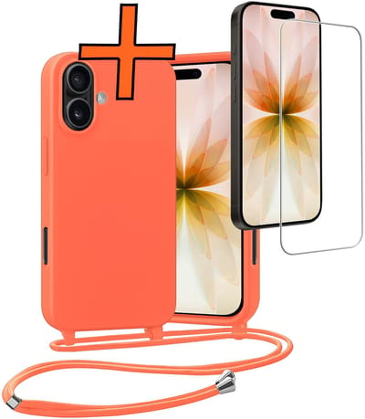 Hoesje Geschikt voor iPhone 17 Hoes Met Telefoonketting Met Screenprotector - Backcover Geschikt voor iPhone 17 Case Met Koord - Papaya