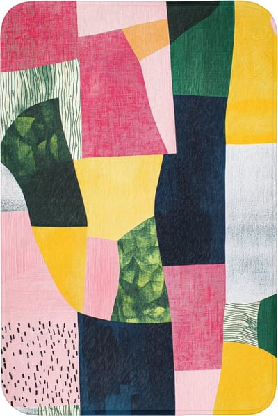 Badmat 60x90 cm - Antislip - Abstract - Roze - Lappen - Vormen - Geel - Badmatten voor badkamer - Badkamermat - Douchemat - Badkamer mat
