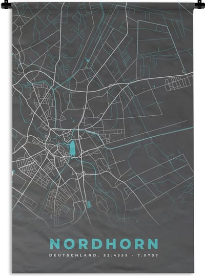Wandkleed - Wanddoek - Duitsland – Blauw – Nordhorn – Stadskaart – Kaart – Plattegrond - 120x180 cm - Wandtapijt
