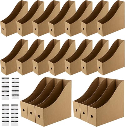 Set van 20 Bruine Kraft Papieren Tijdschriftenhouders, 26 x 9 x 27 cm, A4 Documenthouder voor Kantoor en Organisatie met Labels
