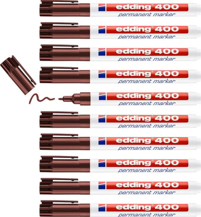 edding 400 permanent marker - bruin - 10 stiften - ronde punt 1 mm - watervast, sneldrogend - wrijfvast - voor karton, kunststof, hout, metaal, glas