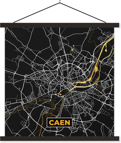 Posterhanger incl. Poster 60x60 cm - Schoolplaat - Caen - Stadskaart – Plattegrond – Kaart – Frankrijk - Textielposter - Zwarte latten - Stadskaart