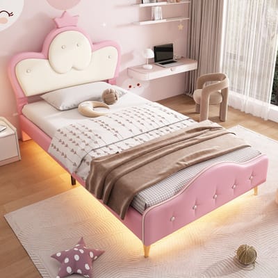 Gutent Kinderbed, Roze + Wit (Zonder matras), 90x200CM , met zachte beschermranden, Enkelkleurige LED-strip, Hoofdbord met kroon, metalen poten, golvend uittrekbaar hoofdbord, eenpersoonsbed, gestoffeerd bed, PU