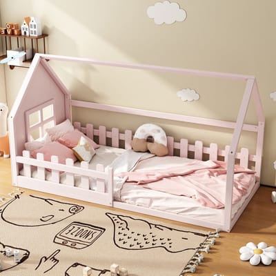 DESMIU Huisbed 90x200cm – Kinderbed Met Matrasloze Uitvoering – Speels Huisvorm Ontwerp – Onderbed Voor Kinderkamer – Grenenhout En MDF – Roze