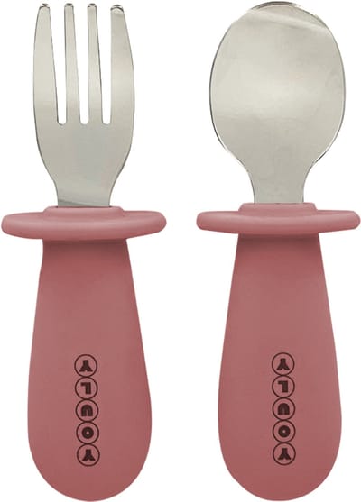 Youly® Kinderbestek Lepel en Vork - Baby Bestek - Siliconen Baby Servies - RVS - Vintage Roze