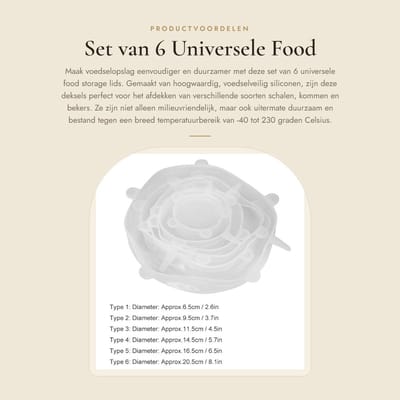 Dailygoods- Voedselopslagdeksel 6-delig - Universeel - Verstelbaar - Antislip - Waterdicht - Duurzaam - Voedselveilig Silicoon - Dekselset