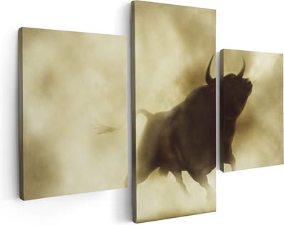 Artaza Canvas Schilderij Drieluik Zwarte Stier In Het Stoffige Rook - 90x60 - Foto Op Canvas - Canvas Print