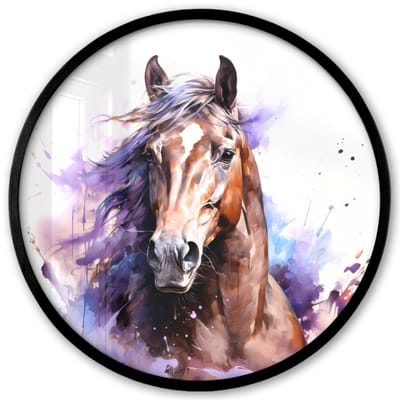 Poster in lijst Rond - Fotolijst 40x40 cm - Posters - Paard - Dieren - Meisjes - Paars - Bruin - Ronde posterlijst zwart - Decoratie - Wanddecoratie woonkamer - Muurdecoratie slaapkamer
