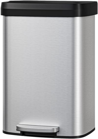 Prullenbak - 50L metalen pedaalemmer met deksel - grote keukenprullenbak, soft-close, met beugelring en achtergreep - zilver