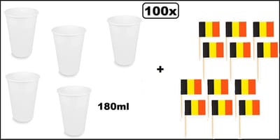 100x Beker karton wit 180ml + 100x cocktail vlagprikker Belgie - Belgium WK limonade thee soep fris drank thema feest festival chocomel yogi party snacks