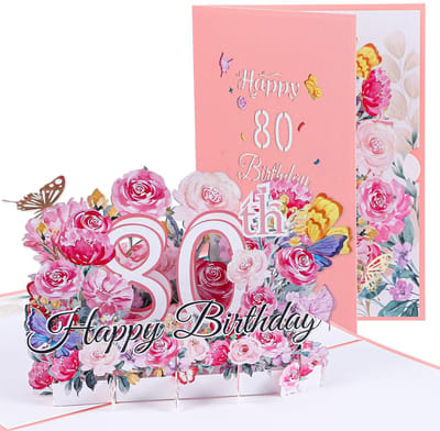 MTTProducts - 3D Pop Up Verjaardagskaart - 80e Verjaardag vrouw - Impressieve verrassing - Multicolour - Bloemen ontwerp - Geschikt voor Moeders - 18 x...