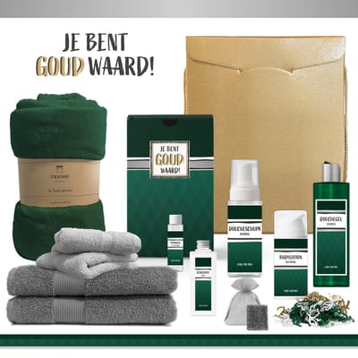 Geschenkset "Je Bent Goud Waard!" - 11 Producten - 1740 Gram | Cadeau Man - Luxe Cadeaubox voor hem - Giftset Vriend - Cadeaupakket Collega - Kerst Cadeau - Gift Werknemer - Relatie Geschenk - Vader Vaderdag - Kerstpakket Kerst - Groen Goud