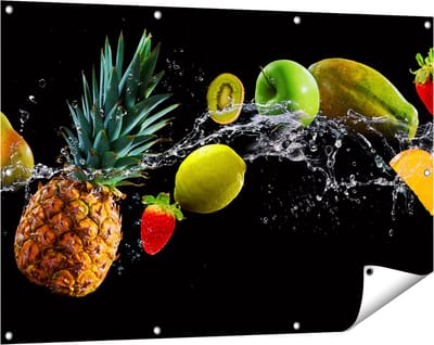 Gards Tuinposter Fruit met Water op Zwart Achtergrond - 120x80 cm - Tuindoek - Tuindecoratie - Wanddecoratie buiten - Tuinschilderij