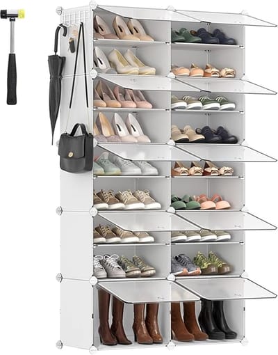 Famanu Schoenenrek met 10 vakken, schoenenkast, 30 x 40 x 30 cm per vak, smal, met deuren, stalen frame, kunststof, voor hal, slaapkamer, entree, wit