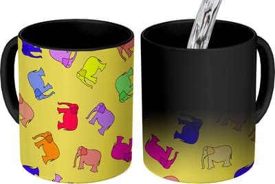 Magische Mok - Foto op Warmte Mokken - Koffiemok - Olifant - Geel - Patronen - Magic Mok - Beker - 350 ML - Theemok