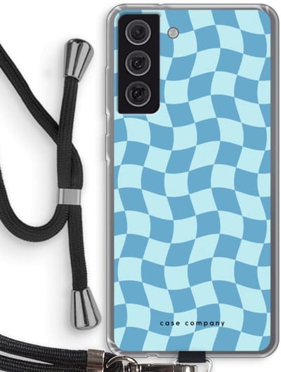 Case Company® - Hoesje met koord geschikt voor Samsung Galaxy S21 FE hoesje met Koord - Grid Blauw - Telefoonhoesje met Zwart Koord - Bescherming aan alle Kanten en Over de Schermrand