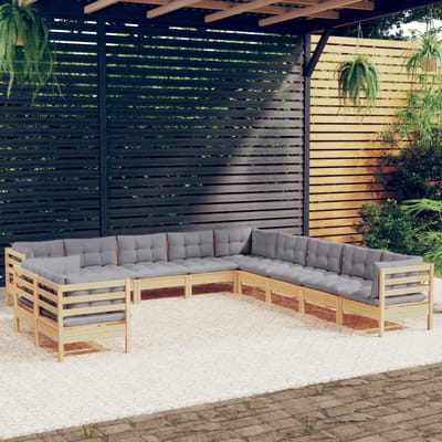 vidaXL - 11-delige - Loungeset - met - grijze - kussens - massief - grenenhout