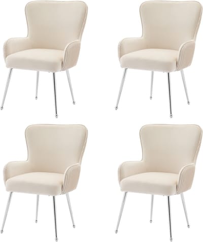Fluwelen eetkamerstoel - set van 4 - woonkamer - slaapkamer - loungestoel - met armleuningen en verstelbare poten - lendensteun - beige en zilver