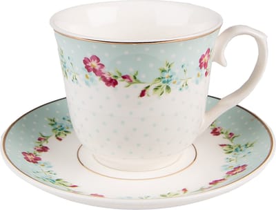 Clayre & Eef Kop en Schotel 250 ml Wit Groen Porselein Bloemen