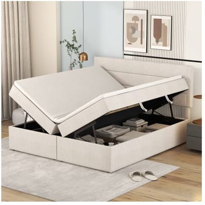 Gestoffeerd tweepersoonsbed - MUVOE - 200x140 cm - Beige - Lattenbodem - Grote opbergruimte beige