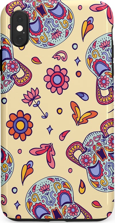 Casetastic hoesje geschikt voor Apple iPhone XS Max - Dubbellaagse bescherming - Dia de los Muertos Doodshoofd Bloemen - Fashion Case - Crème Lila Zilver