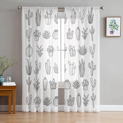 Tropische Succulenten Tule Gordijnen Woonkamer Keuken Chiffon Gordijn Slaapkamer Balkon Transparant Gordijn Mode Woondecoratie 135W x 114H(cm) white