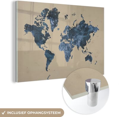 ® Glasschilderij 150x100 cm - Schilderij acrylglas - Wereldkaart - Blauw - Vintage - Foto op glas - Muurdecoratie woonkamer - Wanddecoratie slaapkamer - Schilderijen